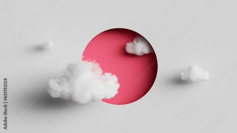 Wall mural 3d rendering, abstract geometric background. soft realistic clouds fly inside the round red hole on 