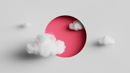 3d rendering, abstract geometric background. Soft realistic clouds fly inside the round red hole on the white wall. Minimalist modern wallpaper