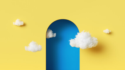 3d rendering, abstract background. White clouds fly outside the blue arch on the yellow wall. Modern fantasy wallpaper