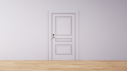 3d render. Abstract minimalist wallpaper. Closed white door and wooden floor
