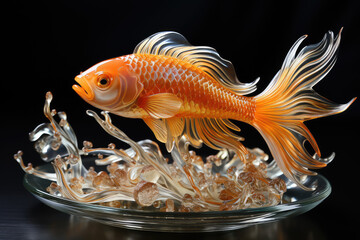 sushi art golden fish, convey creativity and delication, photo realistic , generative ai