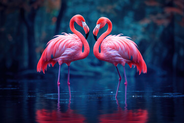 two of pink flamingos standing beside the water, generative ai