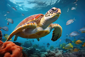 Fototapeta premium underwater photos of a large turtle and fishes, generative ai