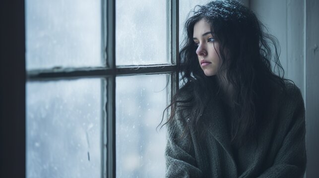 Girl looking towards the window in winter. Despair and loneliness of depressed person
