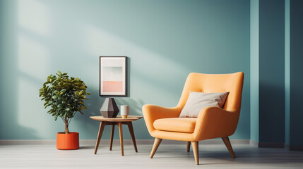 Stylish retro living room, 70s style, minimalism, armchair, lamp and small table. Generative AI.  