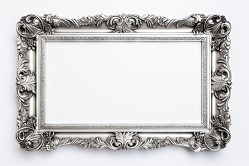Silver ornate decoration. Old ornamented picture. Classic silver frame on white background isolated...