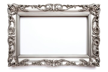 Silver ornate decoration. Old ornamented picture. Classic silver frame on white background isolated with empty space
