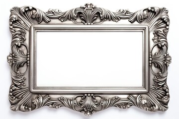 Silver ornate decoration. Old ornamented picture. Classic silver frame on white background isolated with empty space