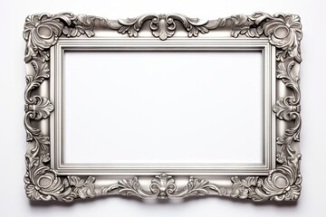Silver ornate decoration. Old ornamented picture. Classic silver frame on white background isolated with empty space