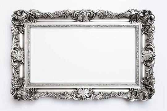 Silver ornate decoration. Old ornamented picture. Classic silver frame on white background isolated with empty space