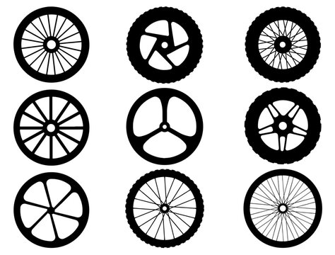 Set of bike wheels silhouette vector art