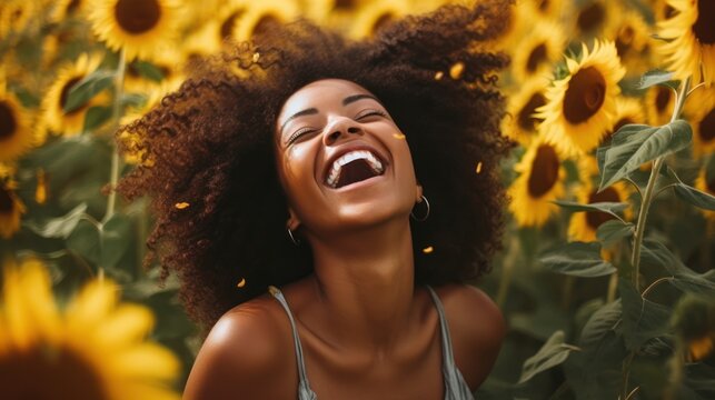 Photo of black woman in sunflower field