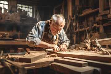 An unrecognizable man worker in the carpentry workshop, working with wood