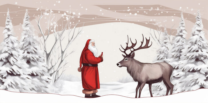 snow sleigh vintage greeting reindeer card claus illustration santa christmas. Generative AI.