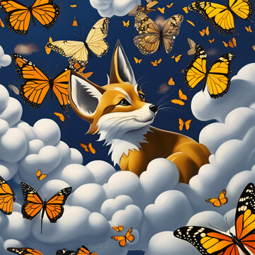A little fox cub sits on a cloud and admires butterflies.