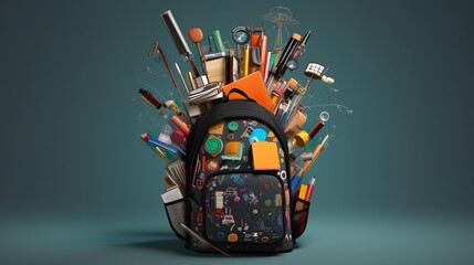 Opened School backpack with stationery on green background. Concept back to school. School supplies.