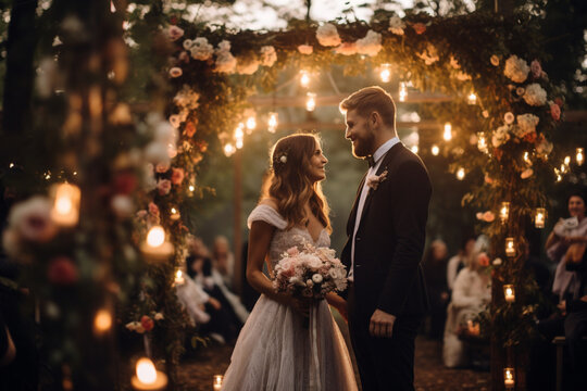 Bride and groom in outdoor wedding ceremony, dark light photography