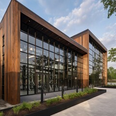 Obraz premium gym exterior wood black glass