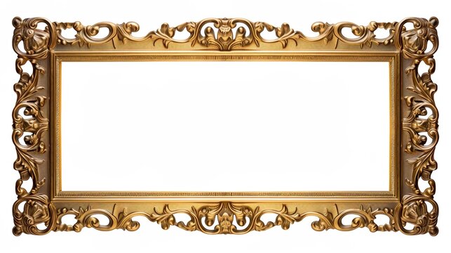 A rectangular wooden golden painting frame with antique ornaments. Full transparent PNG.