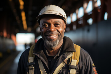 Smiling african american port docks worker in  safety helmet and uniform - obrazy, fototapety, plakaty