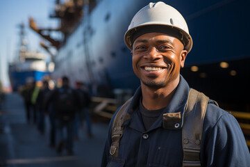 Smiling african american port docks worker in  safety helmet and uniform
