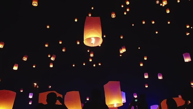 Sky lanterns, flying lanterns, floating lanterns, hot-air balloons Loy Krathong Festival in Chiang Mai Thailand.
