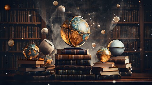 Globe, books and eyeglasses on wooden table on wooden table in library.