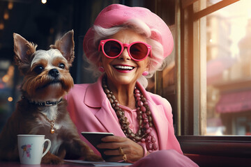 Fröhliche Seniorin genießt ihr Leben - mit einem Hund im Cafe - obrazy, fototapety, plakaty