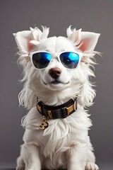 Cute white chihuahua dog wearing blue sunglasses, with grey background using generative AI