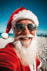 Generative AI illustration of Santa Claus taking a selfie on a beach on a sunny day