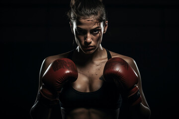 Fototapeta na wymiar Female unrecognizable boxer looking away in guard, dark background