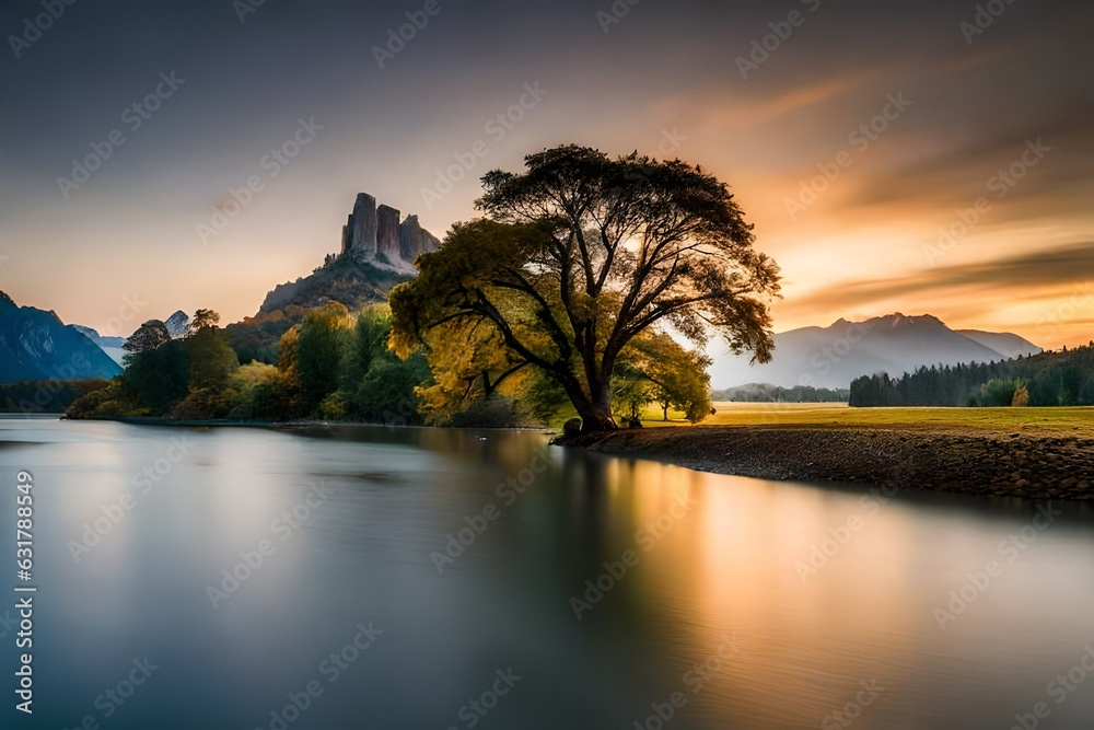 Wall mural sunrise over the river