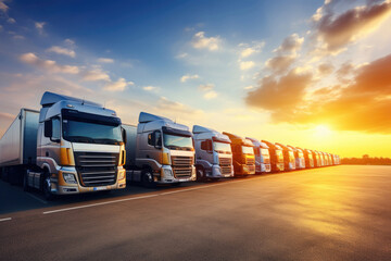 Trucks parked lined, road freight industry logistics and transport - obrazy, fototapety, plakaty