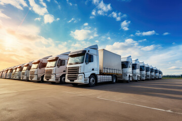 Trucks parked lined, road freight industry logistics and transport