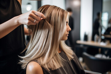 Hands of unrecognizable professional hairdresser drying hair of her client, new haircut, blonde female customer - obrazy, fototapety, plakaty