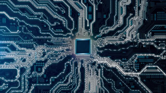 4K Circuit Board electrons Data Flow Background Animation. Artificial Intelligence. Machine Learning, Computer Technology, Science. cyber futuristic. Intelligent CPU big data AI chip CPU circuit board