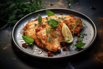 A black plate with fried chicken schnitzel, lemon slices, and herbs.