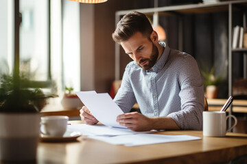 Horizontal shot of unrecognizable young man working in office making notes on paper sheets