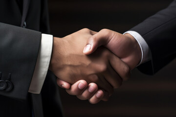 Obraz premium Partner. business people hand shaking after business signing contract document on dark background, job interview, investor, negotiation, partnership and teamwork concept, Generative AI..