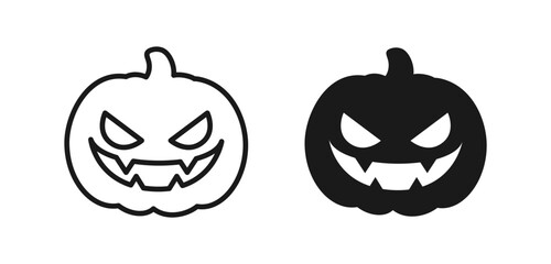 Cute simple jack o lantern outline and silhouette icon set. Halloween evil pumpkin trick or treat sign symbol. Vector Illustration.