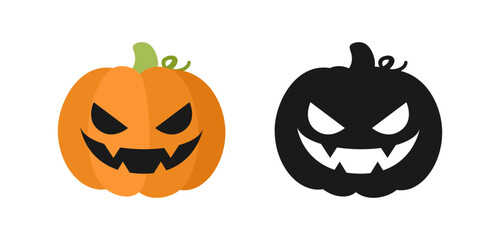Scary spooky smile pumpkin jack o lantern set. Traditional decoration symbol of halloween trick or treat holiday celebration. Vector illustration isolated on white background