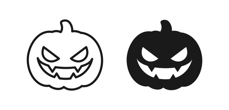 Cute simple jack o lantern outline and silhouette icon set. Halloween evil pumpkin trick or treat sign symbol. Vector Illustration.