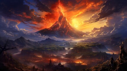 Sunset in the mountains. AI generated art illustration.