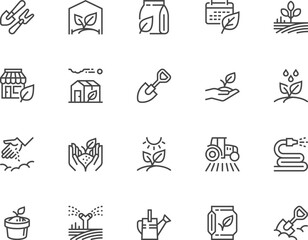 Set of vector line icons related to gardening. Garden flowers, plants, lawn, automatic watering, sowing, garden tools. Editable stroke. Pixel perfect.