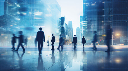 Fototapeta na wymiar Generative AI. abstract motion blur image of business people crowd walking at corporate office in city downtown, blurred background, business center concept, blue color tone.