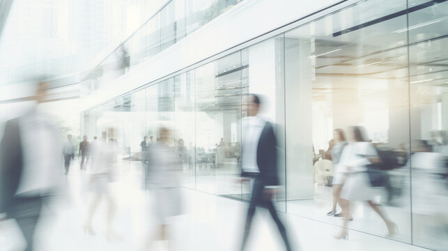 Generative AI. motion blur image of business people crowd walking at corporate office in city downtown, blurred background, business center concept, white color tone