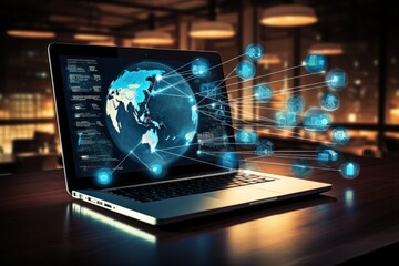 Communication technology for internet laptop. Global world network telecommunication with Ai.