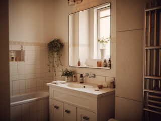 Fototapeta na wymiar Cozy and comforting beige bathroom design. AI Generate. 