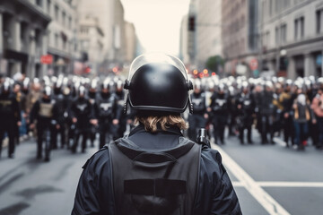 Back view of police officer with helmet and blurry crowd of protesting people in background. - obrazy, fototapety, plakaty