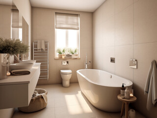 Fototapeta na wymiar Calming beige bathroom with tasteful lighting. AI Generate. 
